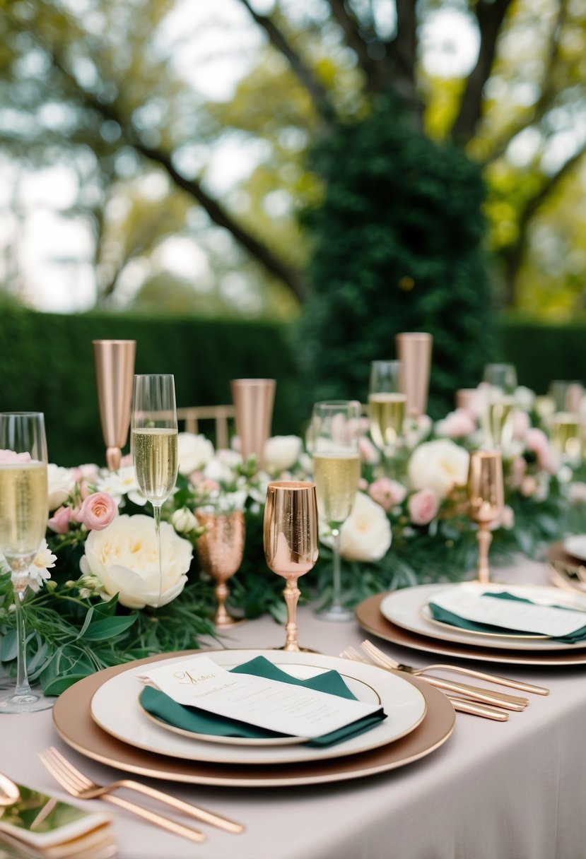 A table set with champagne and rose gold accents, surrounded by blooming flowers and lush greenery