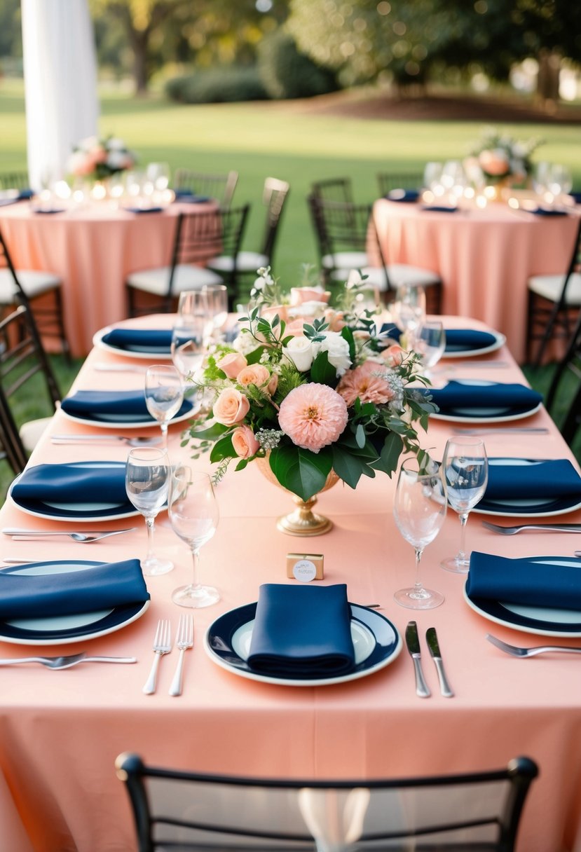 A wedding table set with salmon pink linens, navy blue napkins, and floral centerpieces in coordinating colors