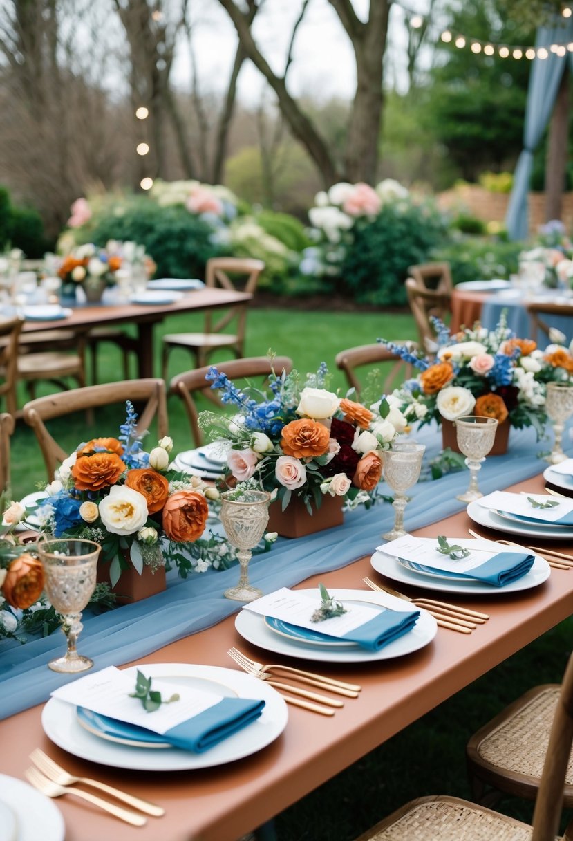 A terracotta and dusty blue spring wedding scene with floral arrangements, table settings, and decor in a garden setting