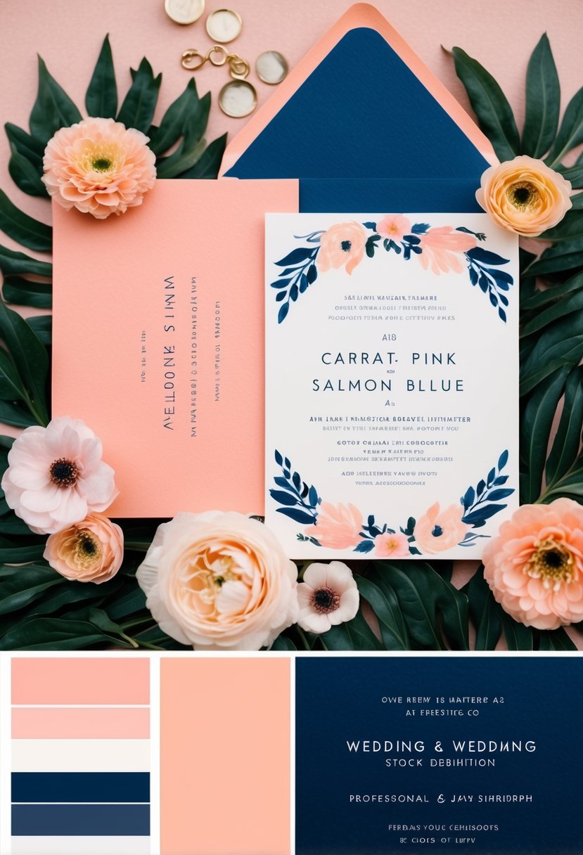 A salmon pink and navy blue wedding invitation suite with coordinating color swatches and floral accents