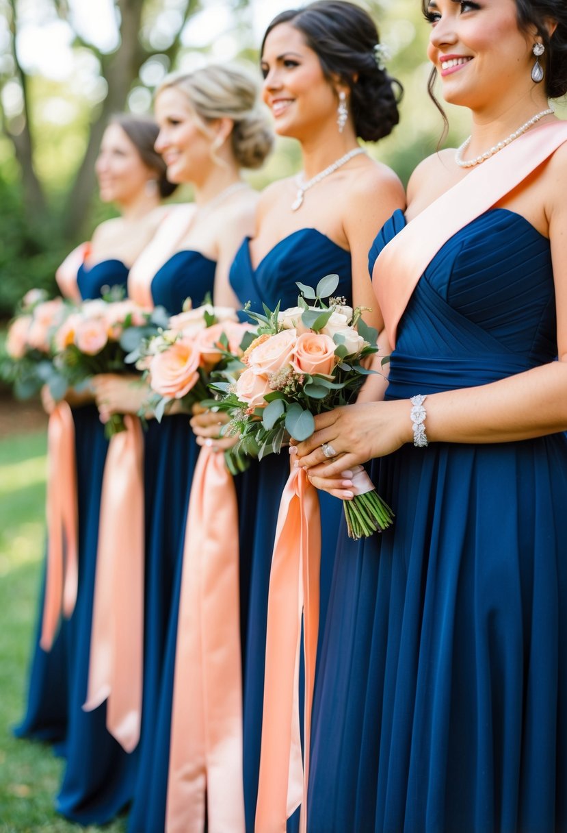 Navy blue dresses adorned with salmon pink sashes and bouquets