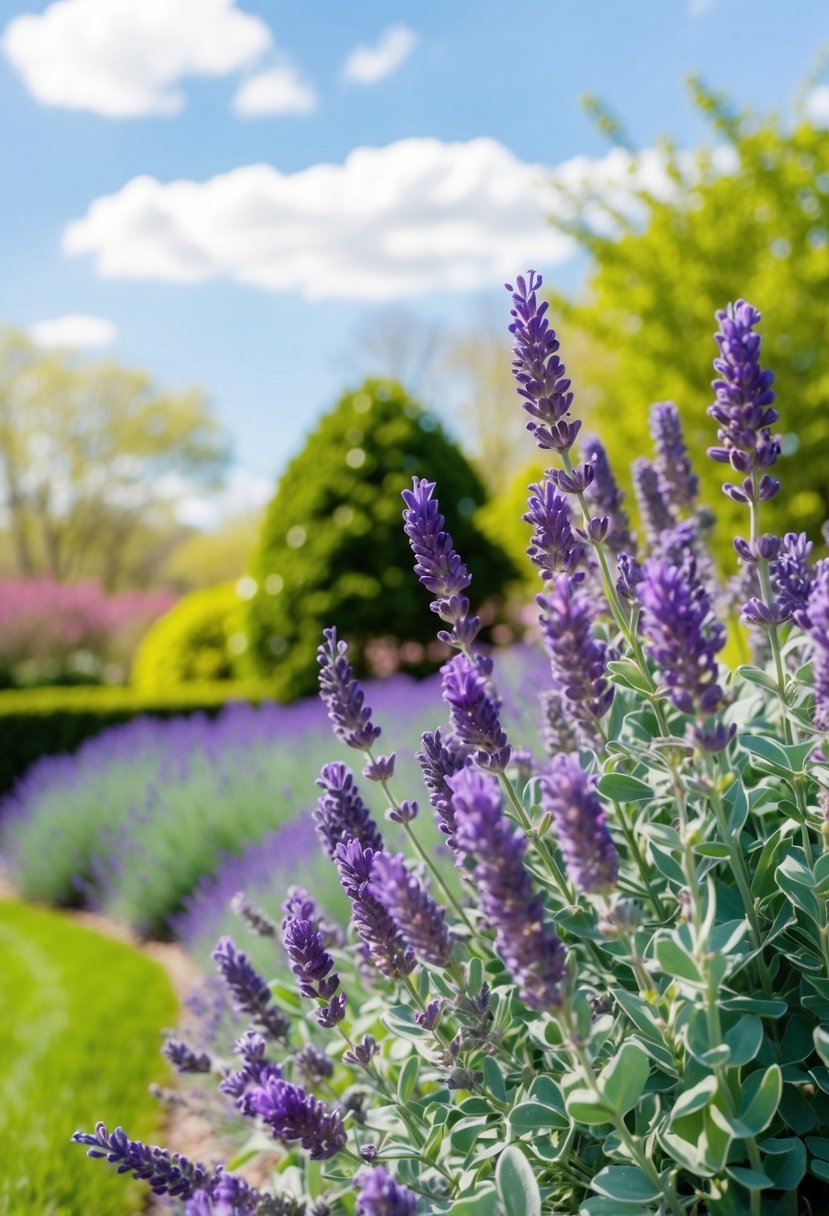 A lush garden with lavender and sage green florals, set against a bright spring sky