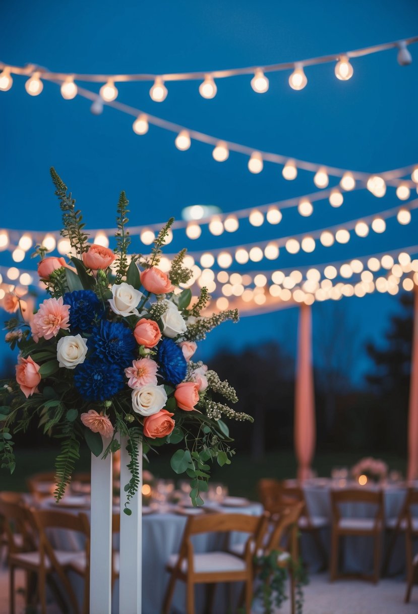 A midnight blue and coral spring wedding scene with floral decorations and twinkling fairy lights