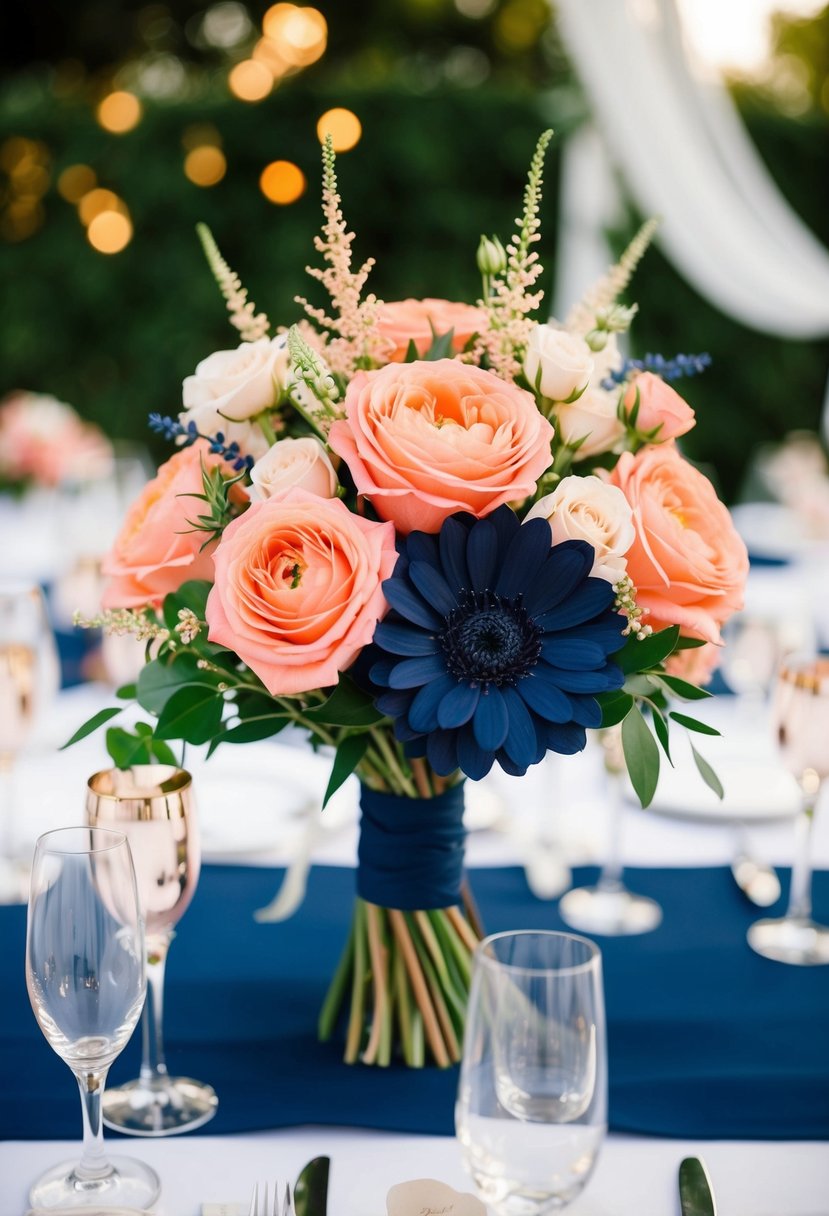 A bouquet of salmon pink and navy blue flowers arranged in a beautiful wedding centerpiece