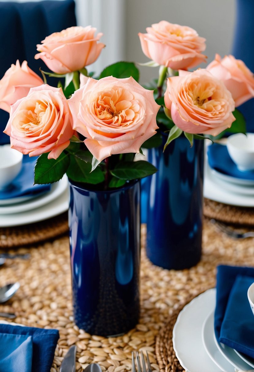 A table with salmon pink roses in navy blue vases, surrounded by navy blue accents