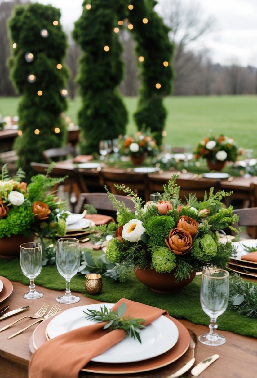 A lush moss green and terracotta color palette decorates a spring wedding scene, with floral arrangements, table settings, and outdoor scenery