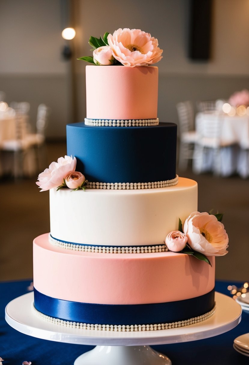 A three-tiered cake with alternating salmon pink and navy blue layers, adorned with matching flowers and ribbons