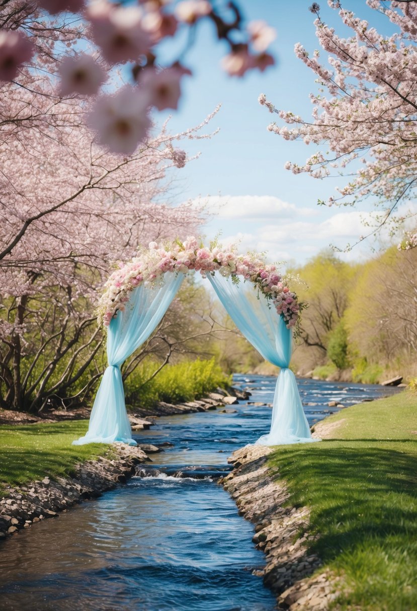 A pastel pink and dusty blue spring wedding scene with blooming cherry blossoms, a flowing river, and a delicate lace-adorned archway