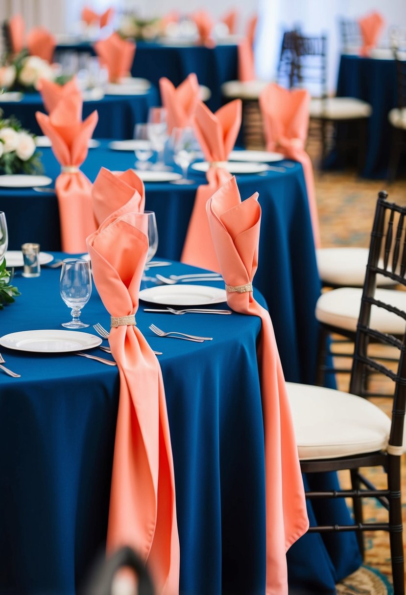 Navy blue tablecloths with salmon pink napkins draped over a wedding reception table