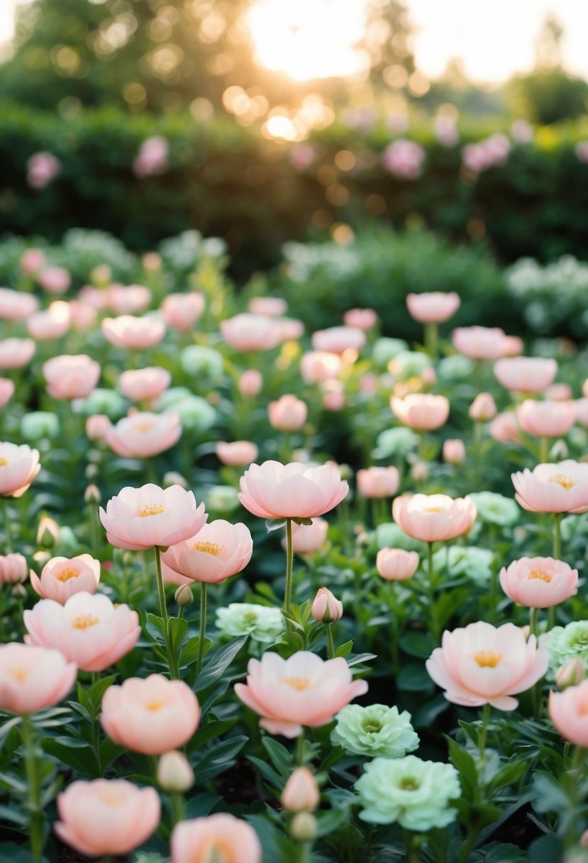 A garden filled with blush pink and mint green flowers, with a soft, warm sunlight casting a romantic glow over the scene