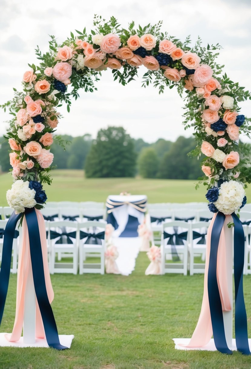 A wedding arch adorned with salmon pink and navy blue flowers and ribbons