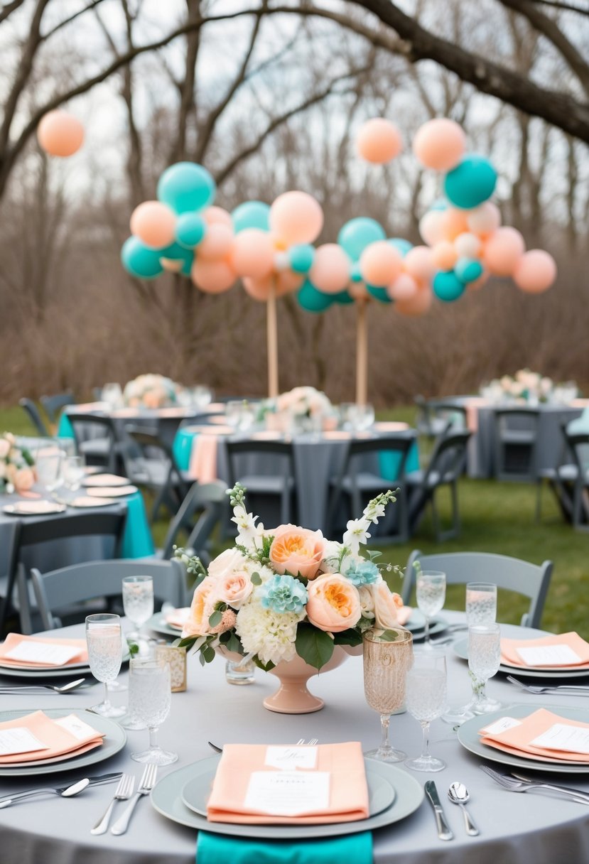 A spring wedding scene with peach, aqua, and gray decor, including floral arrangements, table settings, and bridesmaid dresses