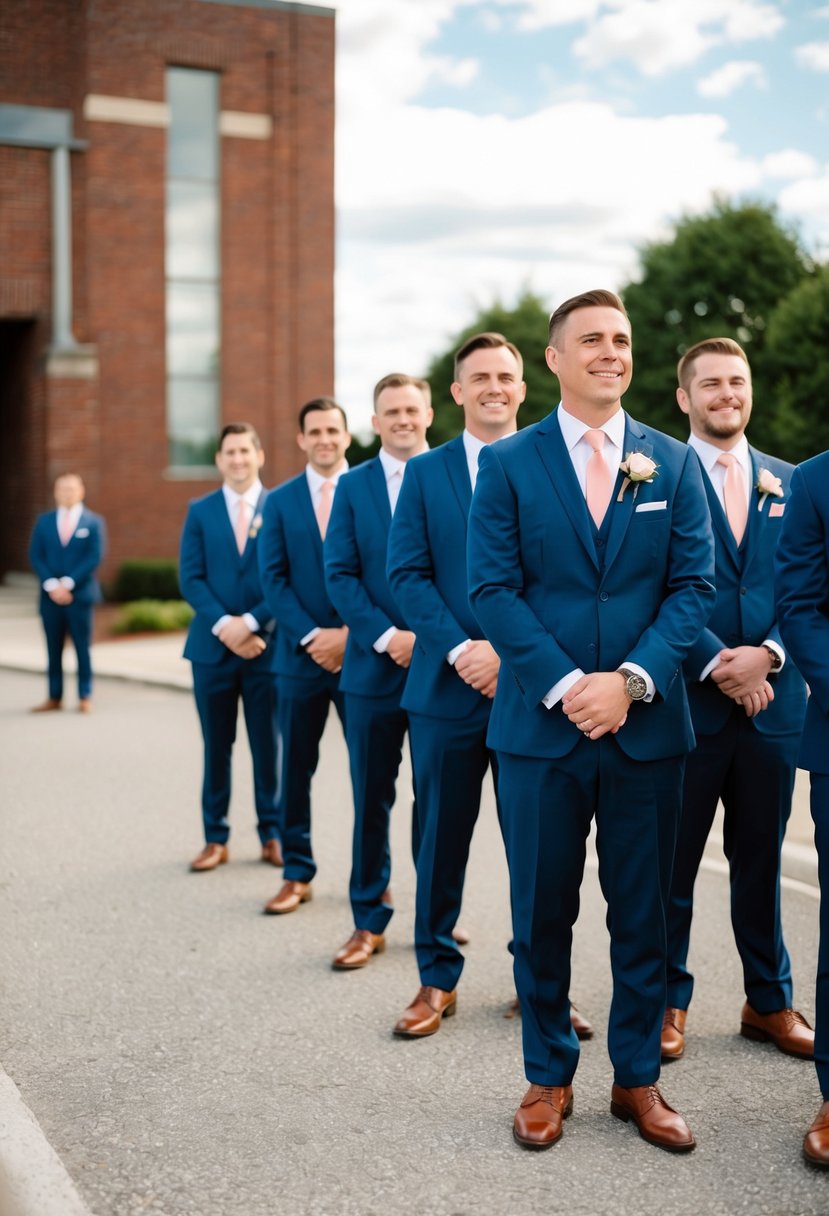 Groomsmen in navy blue suits with salmon pink ties stand in a line