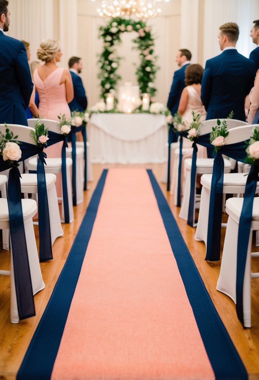 Salmon pink and navy blue aisle runners leading towards an elegant wedding altar