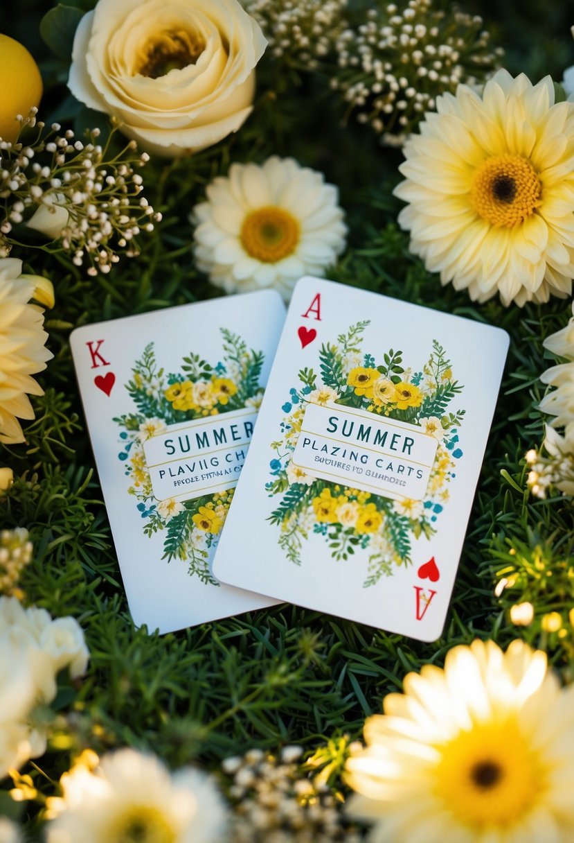 A pair of custom playing cards adorned with summer wedding motifs, surrounded by delicate floral arrangements and golden sunlight