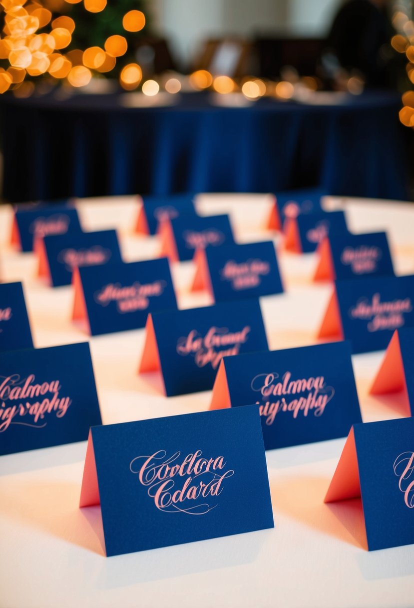 Navy blue escort cards with salmon pink calligraphy arranged on a table