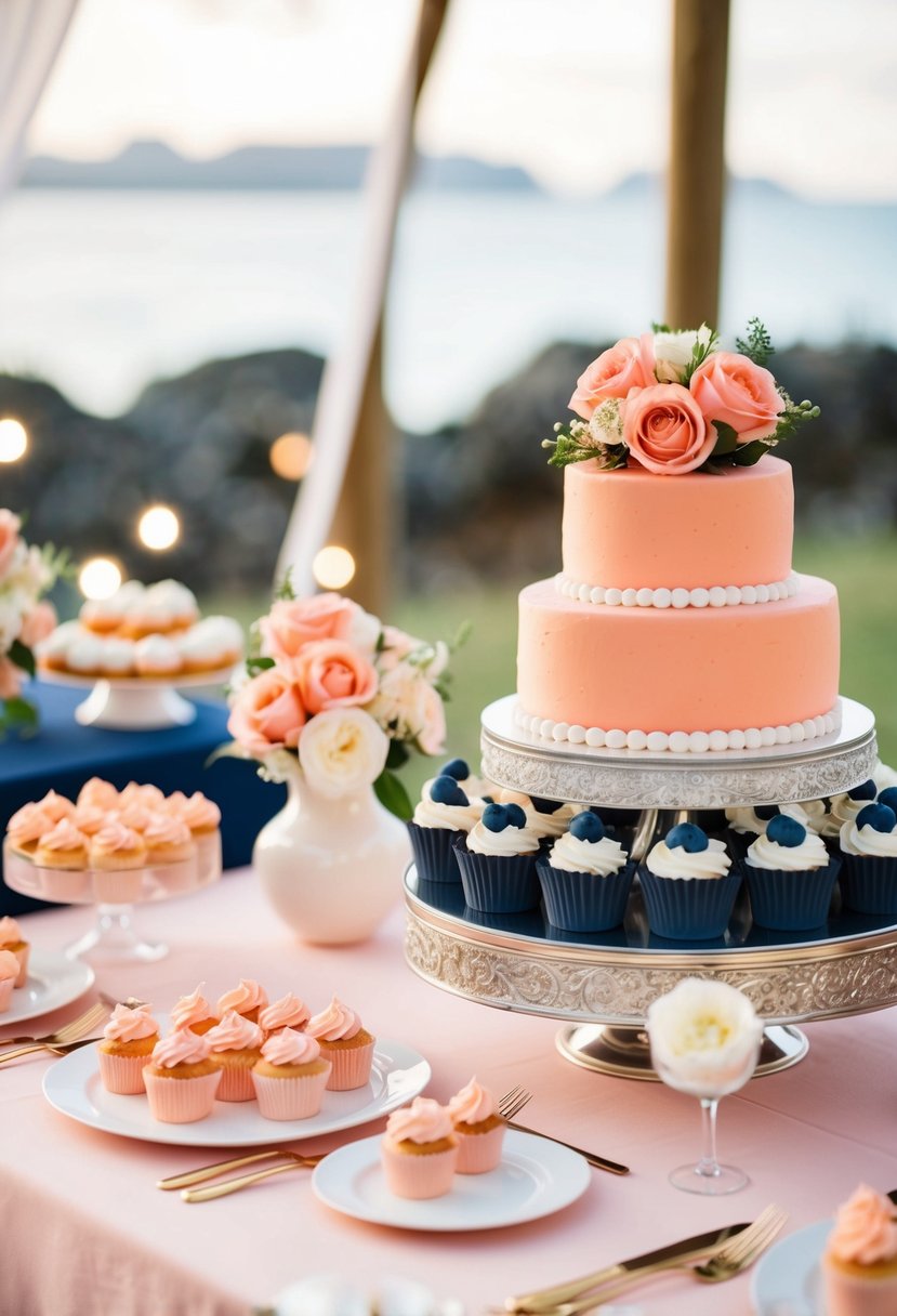 A dessert table adorned in salmon pink and navy blue decor for a wedding