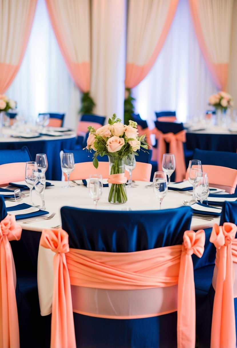 Navy blue chairs with salmon pink sashes arranged in a wedding reception setting