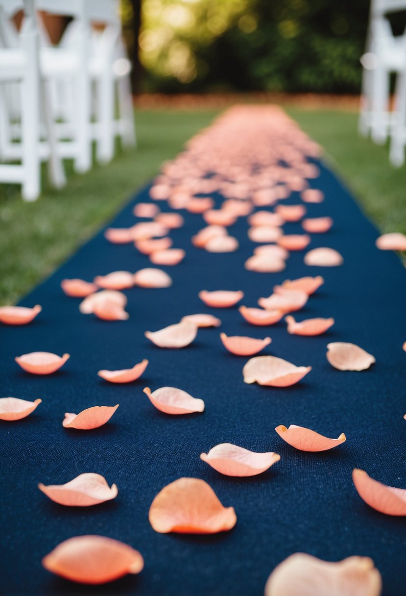 Salmon pink petals scattered along a navy blue aisle