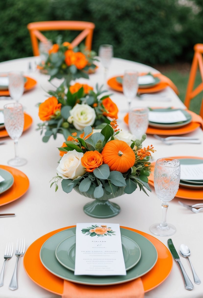 An elegant wedding table setting with orange and sage green accents, including floral centerpieces and coordinating place settings