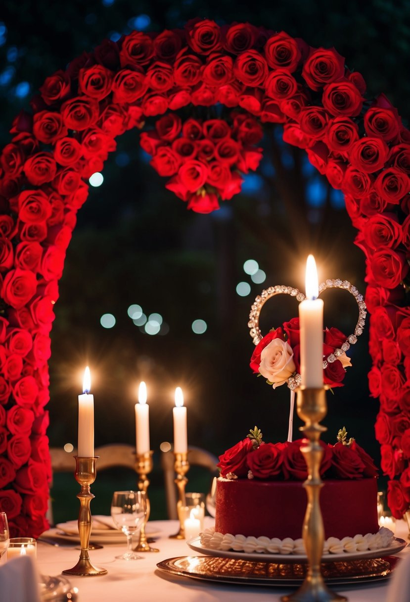 A candlelit dinner under a canopy of red roses, with a heart-shaped arch and a red velvet cake adorned with roses