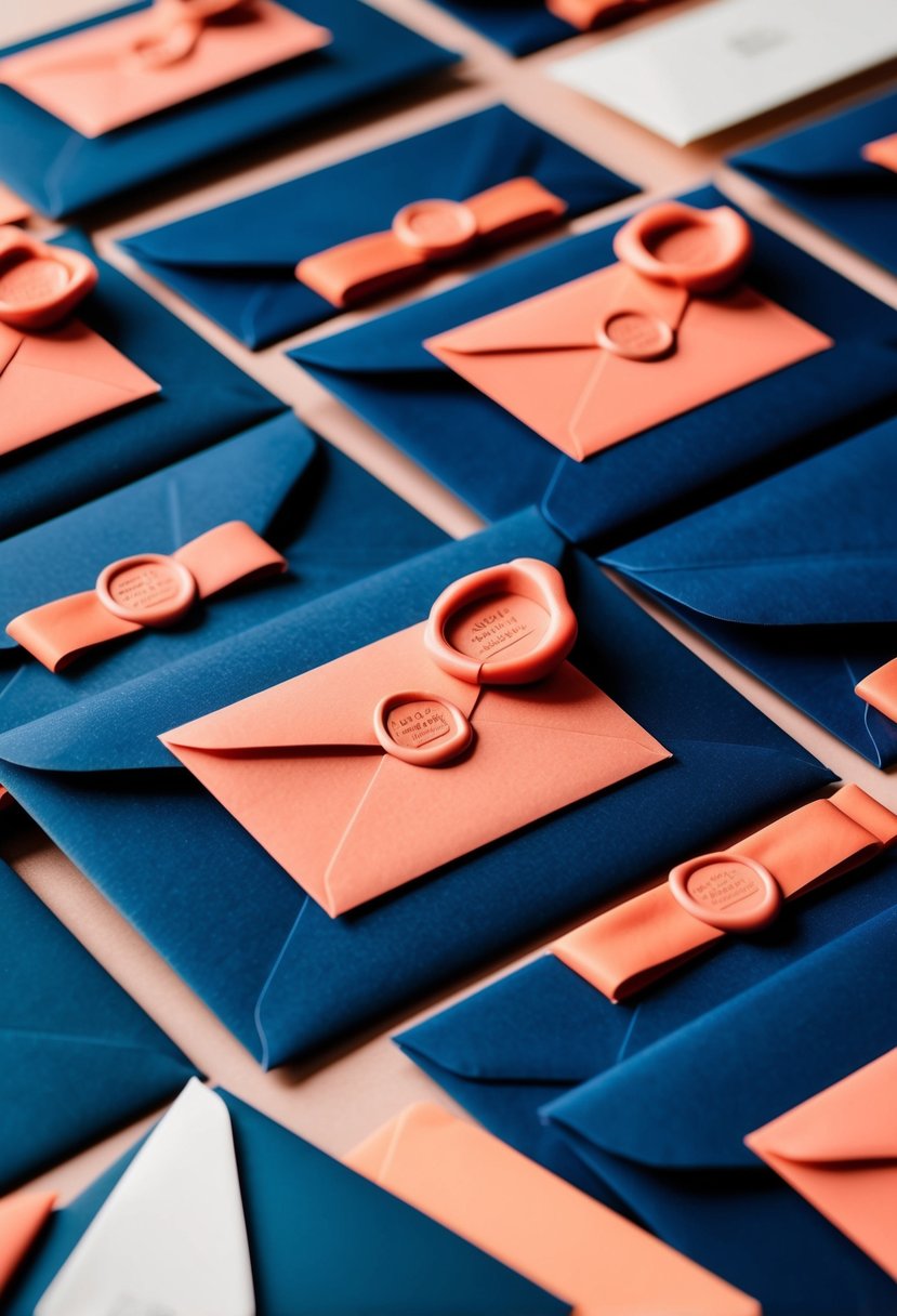 Navy blue envelopes sealed with salmon pink wax, arranged in a wedding color palette