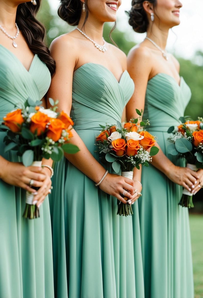 Sage green dresses and burnt orange boutonnieres in a wedding setting