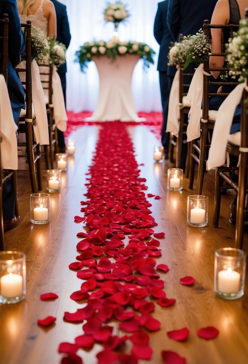 Aisle lined with red rose petals leading to a romantic wedding altar