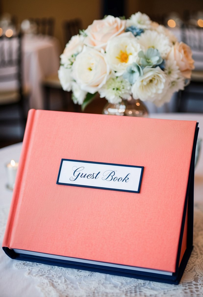 A salmon pink and navy blue guest book open on a decorated table