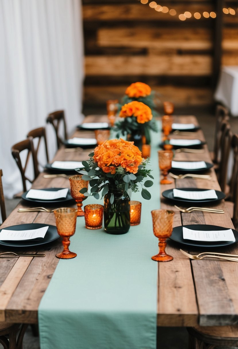 Sage green table runners with orange centerpieces on rustic tables