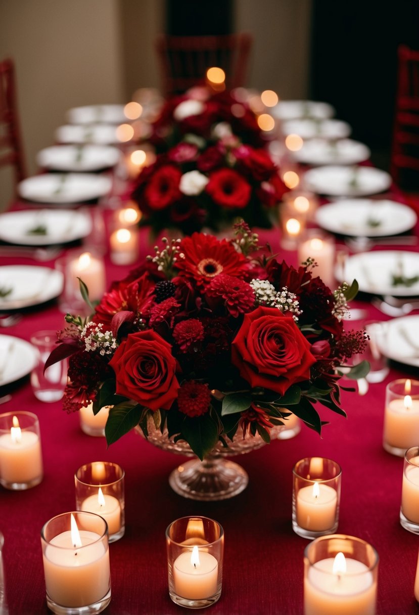 A crimson floral centerpiece surrounded by flickering candles, evoking a romantic ambiance for a red-themed wedding