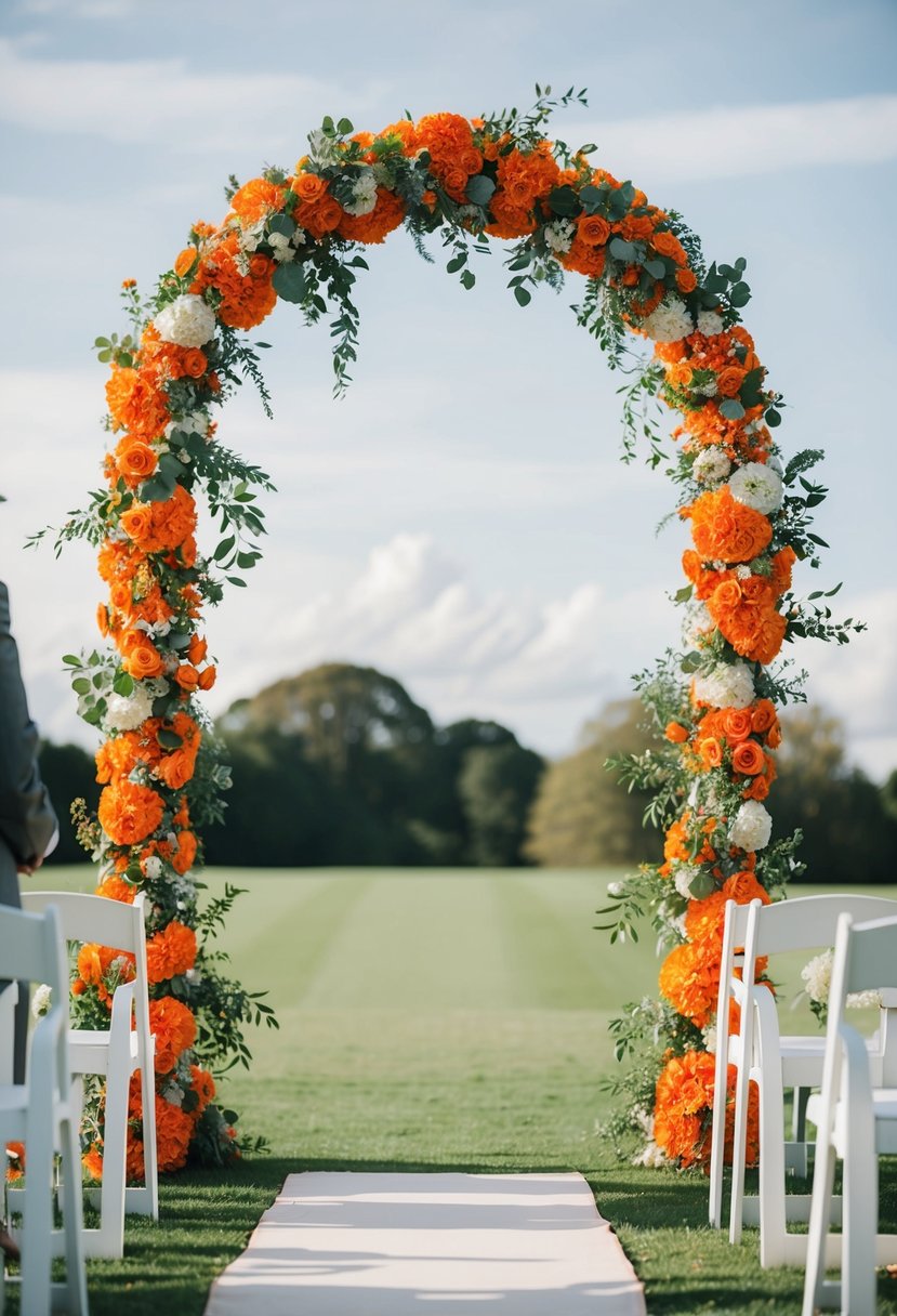 Vibrant orange and sage green floral arches frame an outdoor wedding ceremony