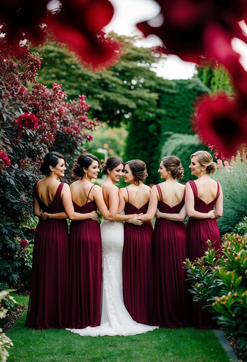 A lush garden with burgundy flowers and flowing bridesmaid dresses, set against a romantic red wedding theme