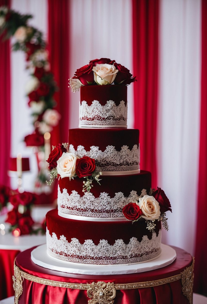 A three-tiered red velvet wedding cake adorned with delicate roses and intricate lace details, set against a backdrop of romantic red wedding decor