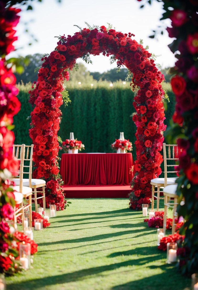 A lush floral arch in vibrant red hues, creating a romantic and elegant backdrop for a wedding ceremony