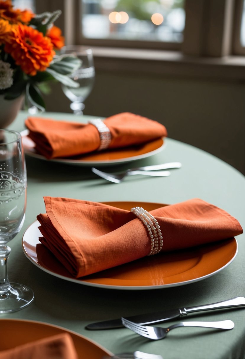 Burnt orange napkins folded neatly on sage green table settings