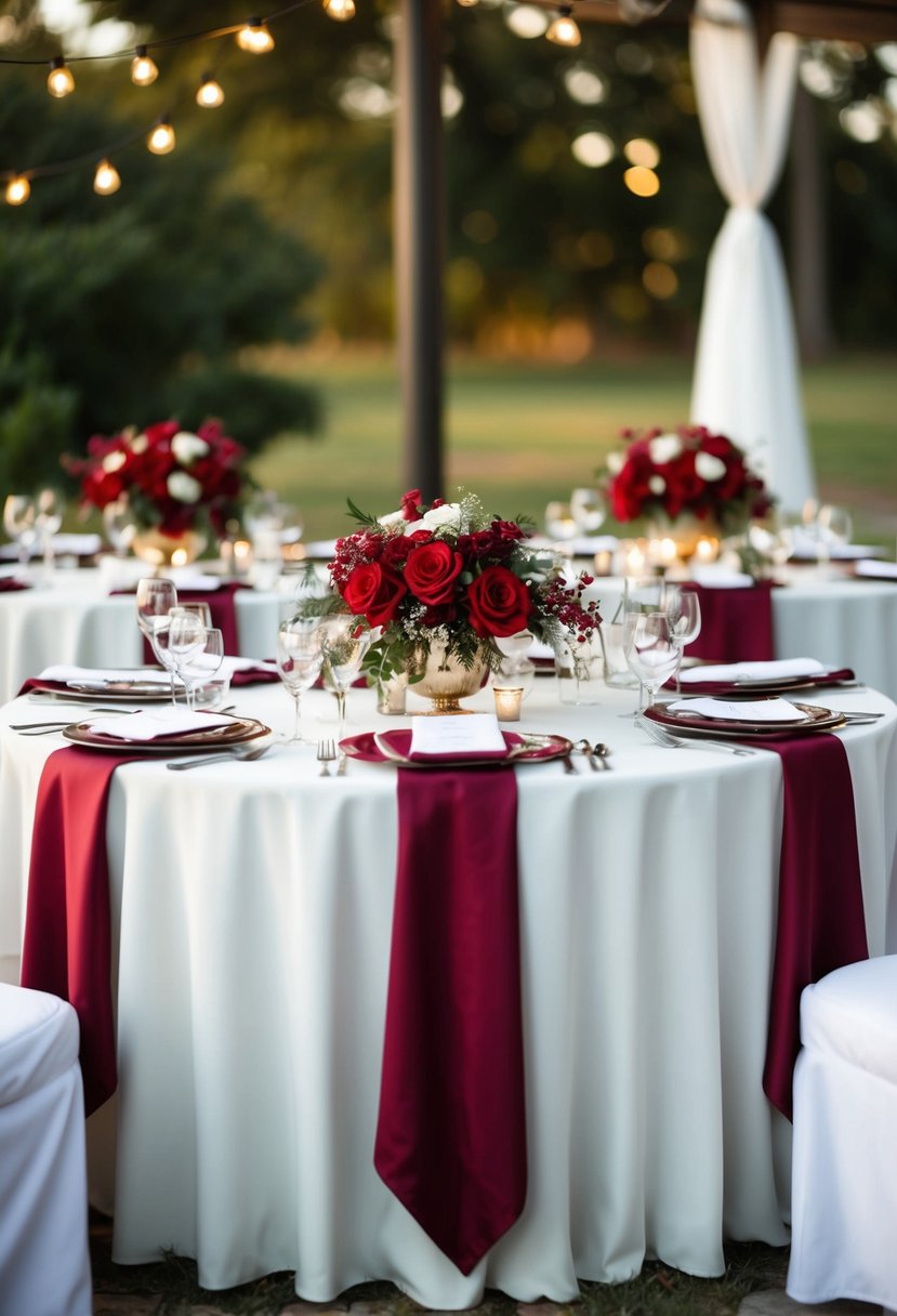 A table set with wine-stained tablecloths, adorned with romantic red wedding decor