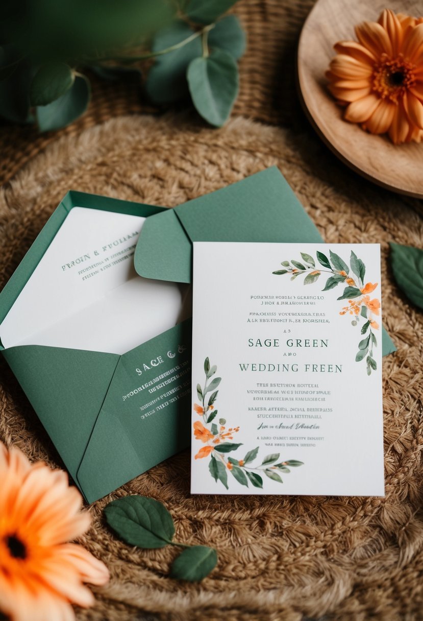 A sage green and orange botanical-themed wedding invitation suite