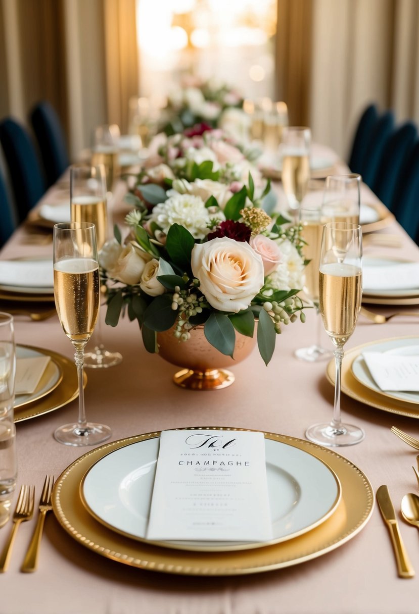 A table set with champagne flutes, floral centerpieces, and elegant gold accents