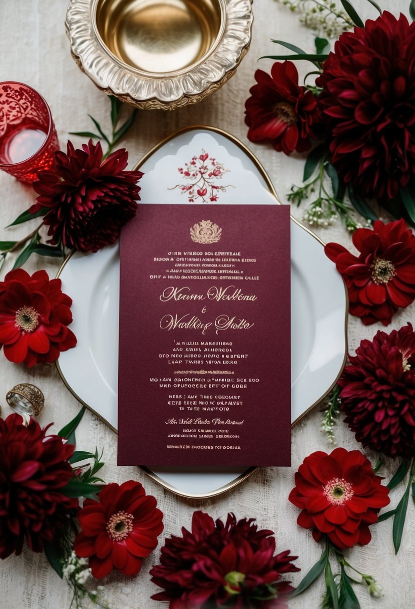 A maroon invitation suite surrounded by romantic red wedding decor and flowers