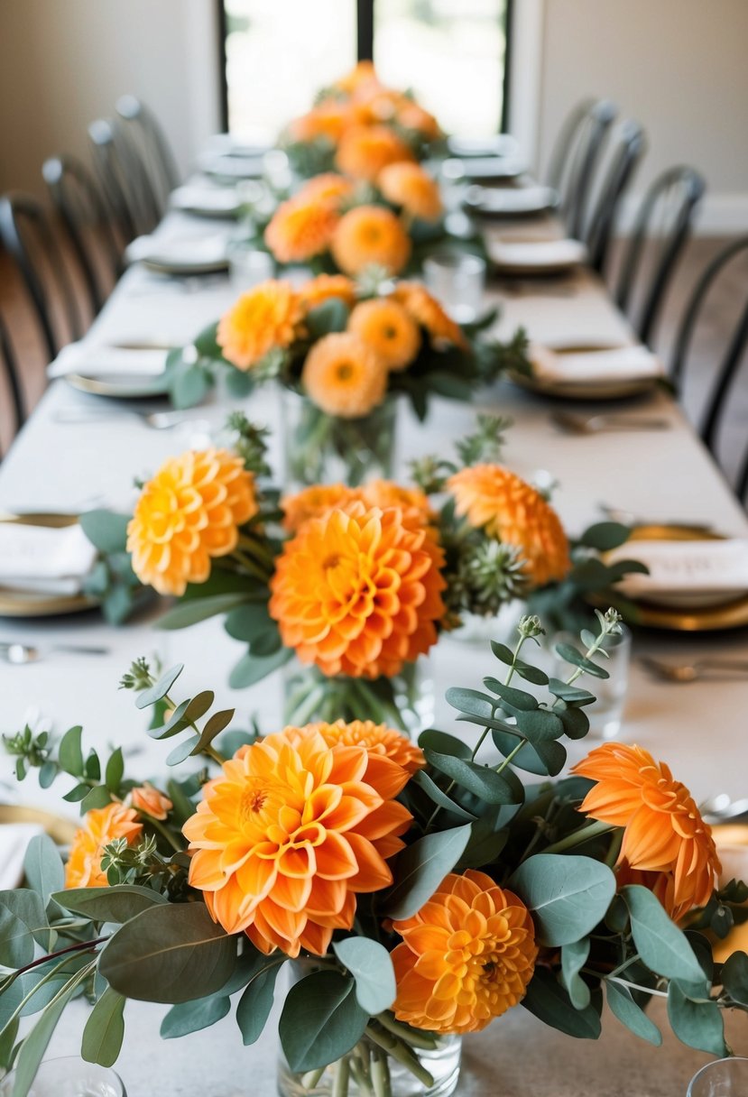 Orange dahlias and sage eucalyptus arranged in centerpieces