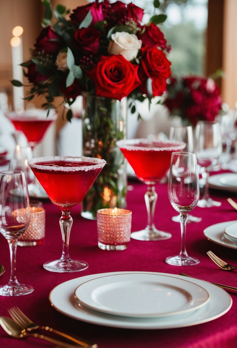 A table set with ruby cocktails and romantic red wedding decor