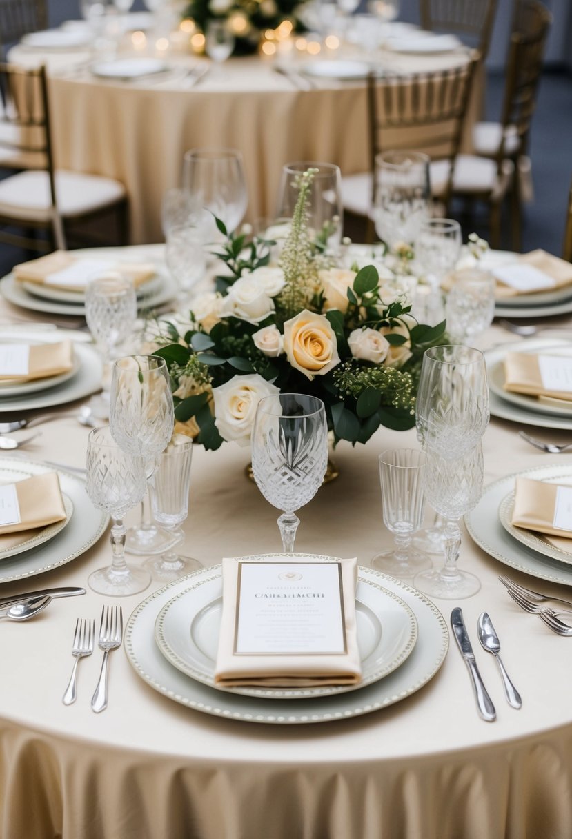 A table set with champagne and ivory linens, crystal glassware, and elegant floral centerpieces