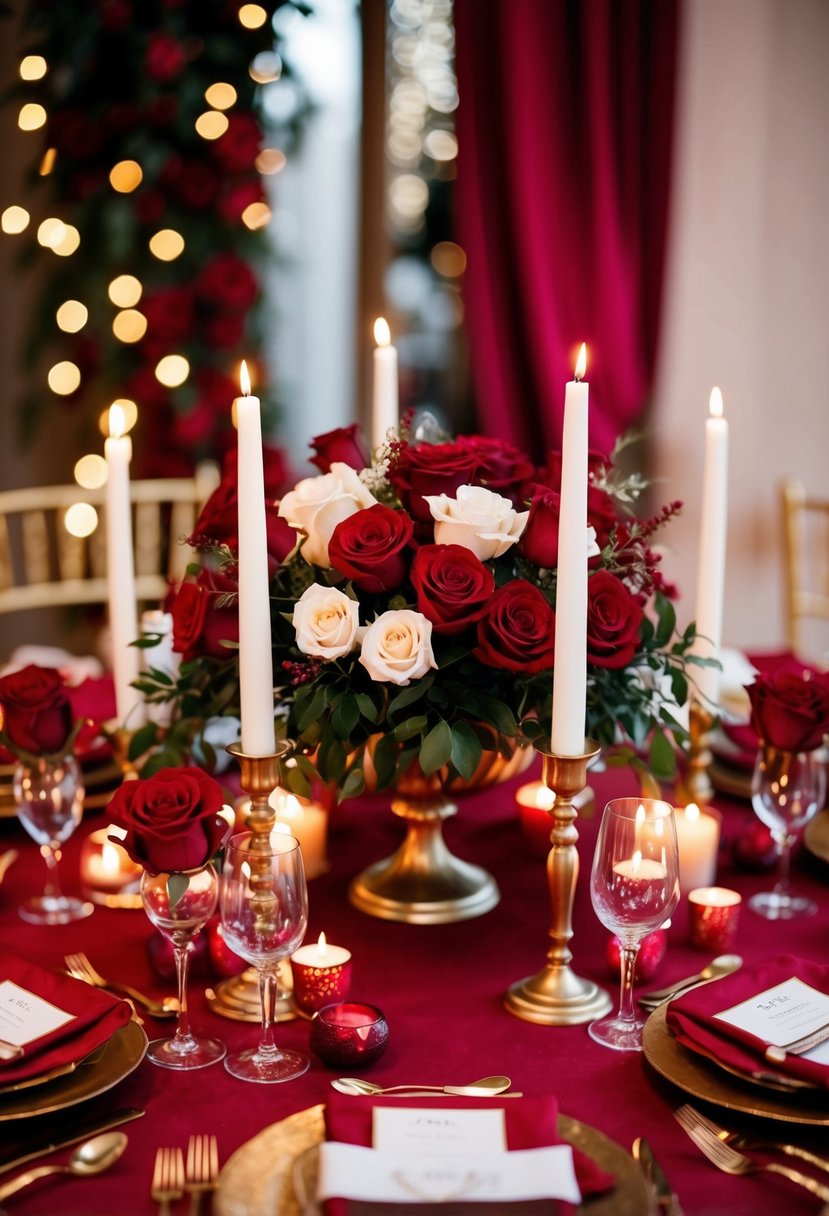 A rich crimson and gold tablescape adorned with roses and candles, creating a romantic ambiance for a red wedding theme