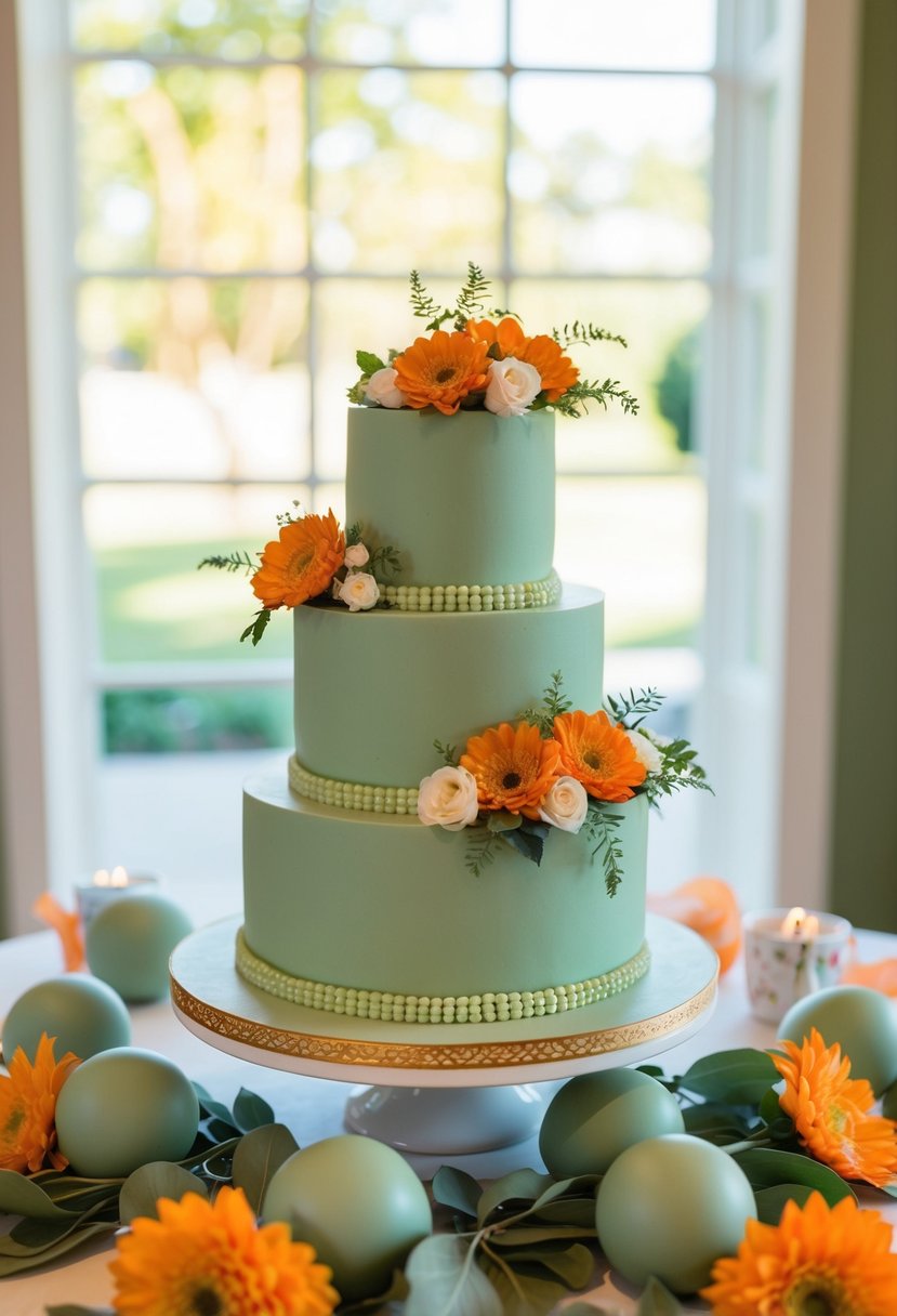 A sage green wedding cake adorned with orange floral decor sits on a table, surrounded by sage green and orange wedding decorations