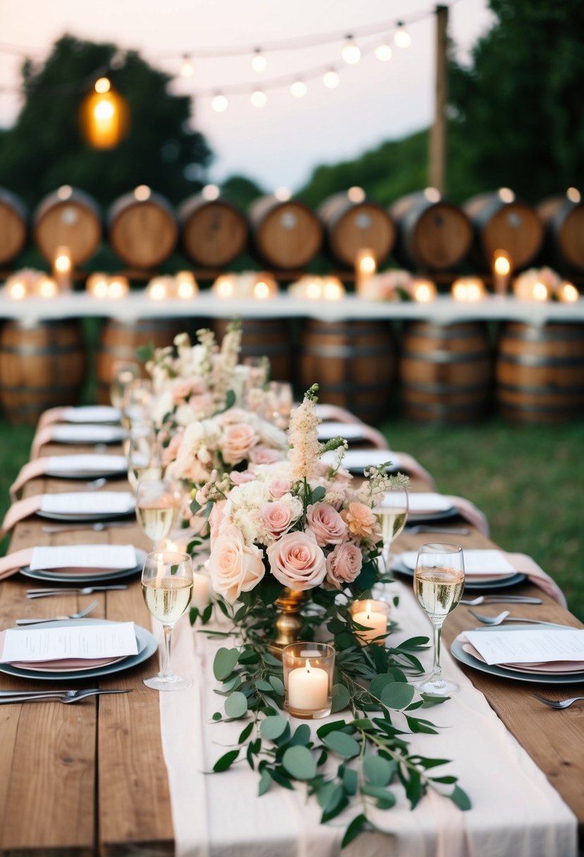 A rustic wedding table adorned with blush and champagne colored flowers, set against a backdrop of wooden barrels and soft candlelight