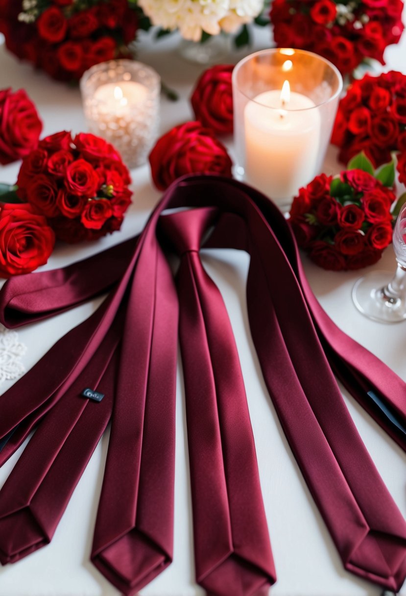 Groomsmen ties in rich burgundy, surrounded by romantic red wedding decor