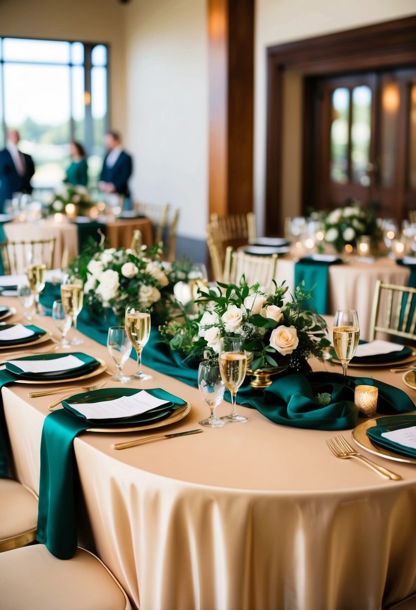 A champagne-colored wedding table adorned with deep green accents and floral arrangements