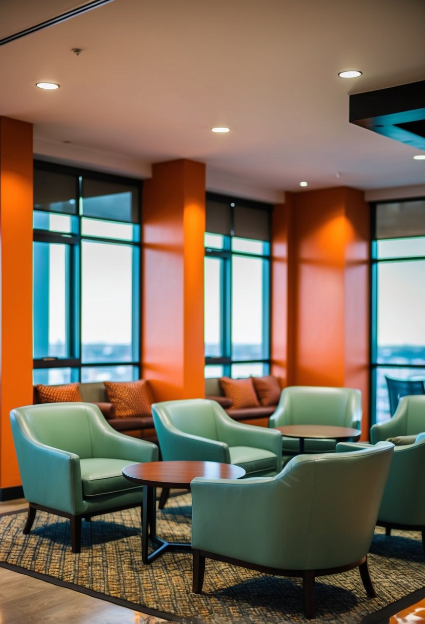 A lounge area with sage green furniture and orange accents