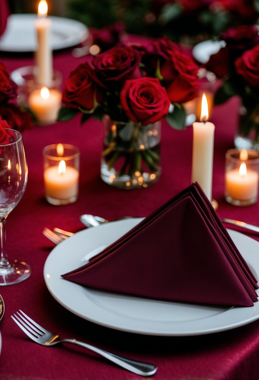 Wine-colored napkins arranged on a table with red roses and flickering candles, evoking romantic red wedding ideas